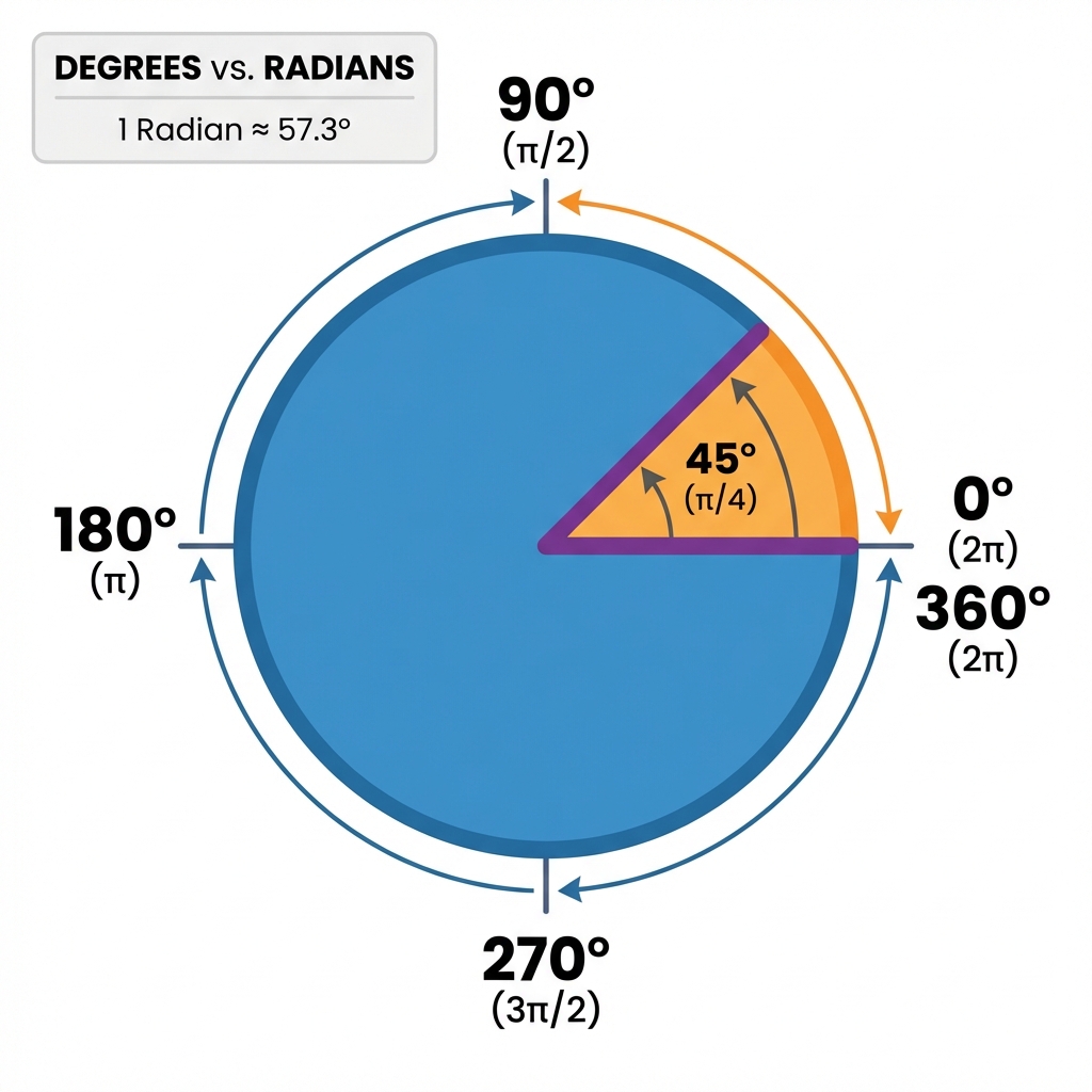 Angle Conversion Diagram: Degrees vs Radians